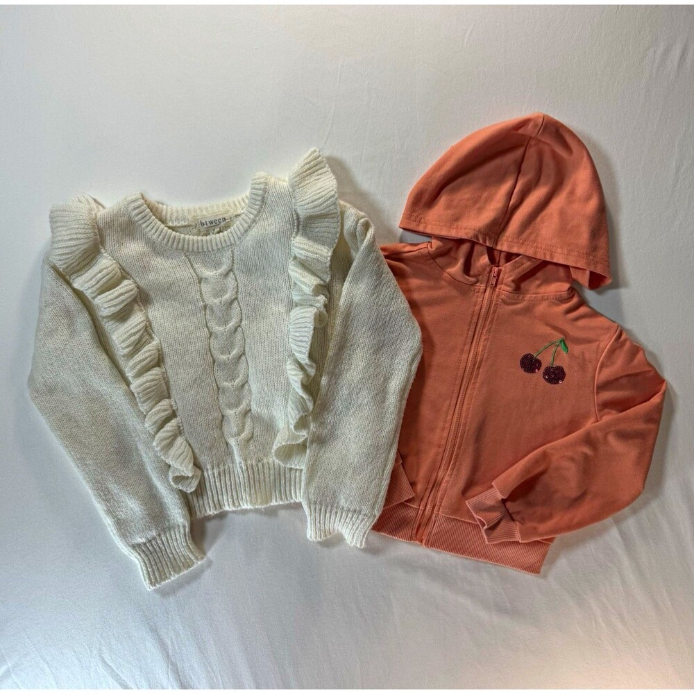 btween Girls 2-piece Lot Size 6 White Cable Knit Ruffle Sweater & Peach Hoodie